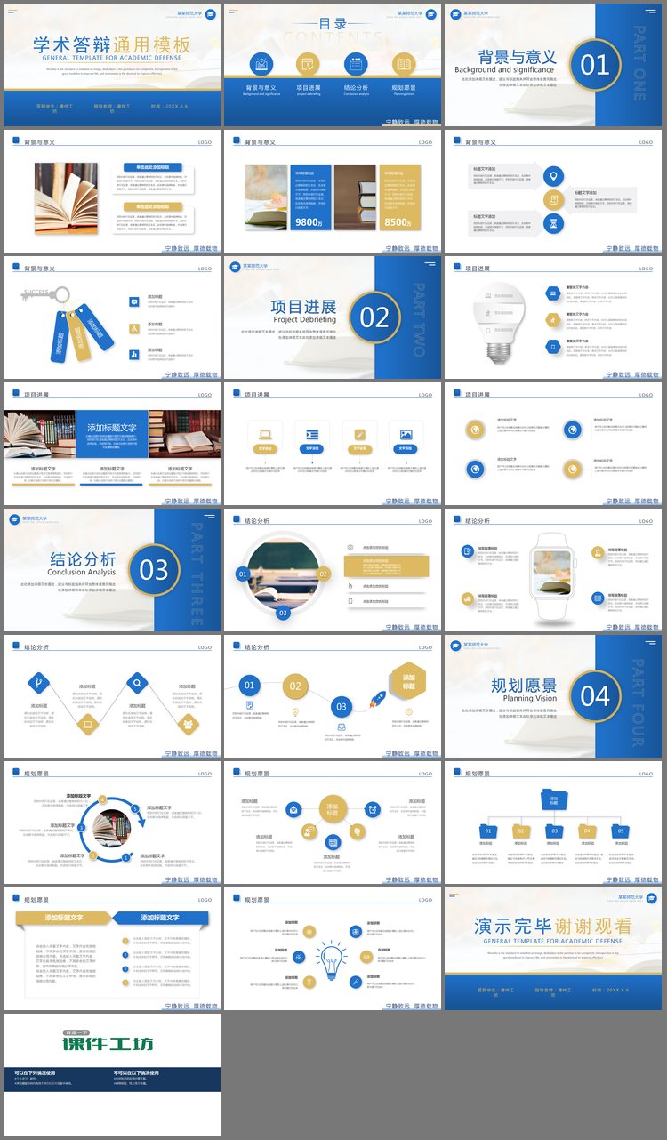 PPT模板-稳重蓝黄配色的学术答辩PPT模板免费下载