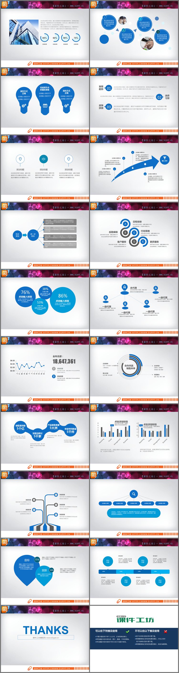 PPT模板-蓝色扁平化通用商务PPT图表免费下载