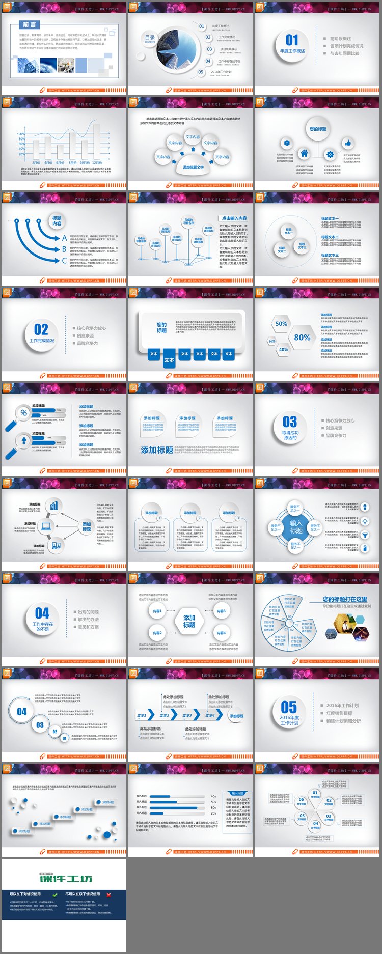 PPT模板-整洁蓝色微立体年终工作总结PPT图表大全