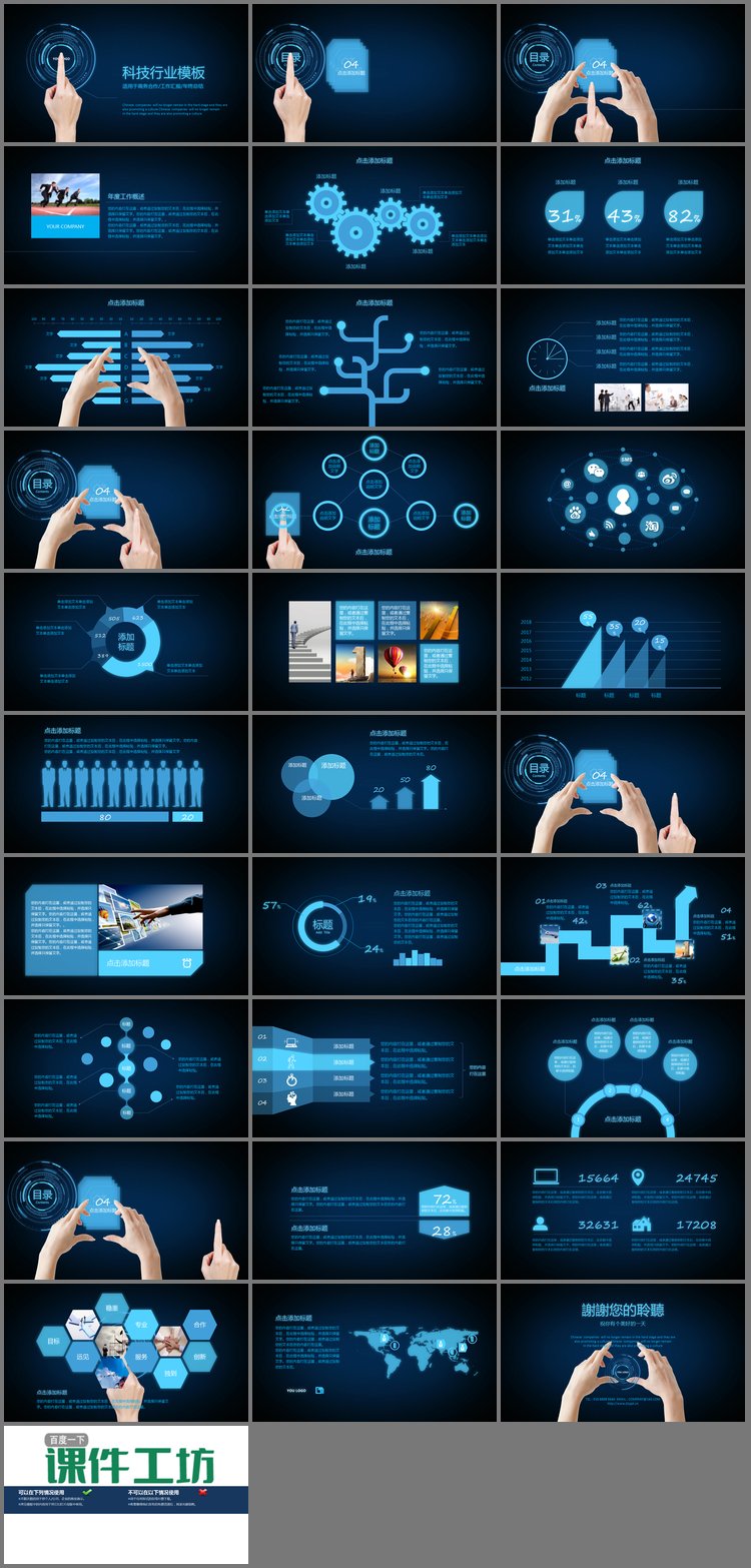 PPT模板-蓝色炫酷光环与动态手势背景科技PPT模板