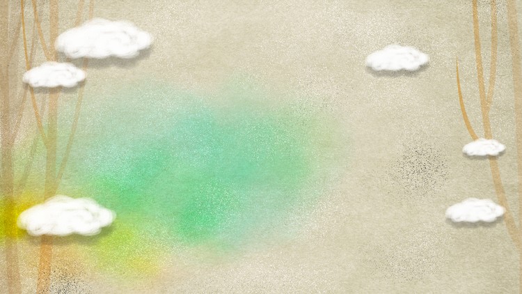 卡通水彩插画风格的树木白云PPT背景图片