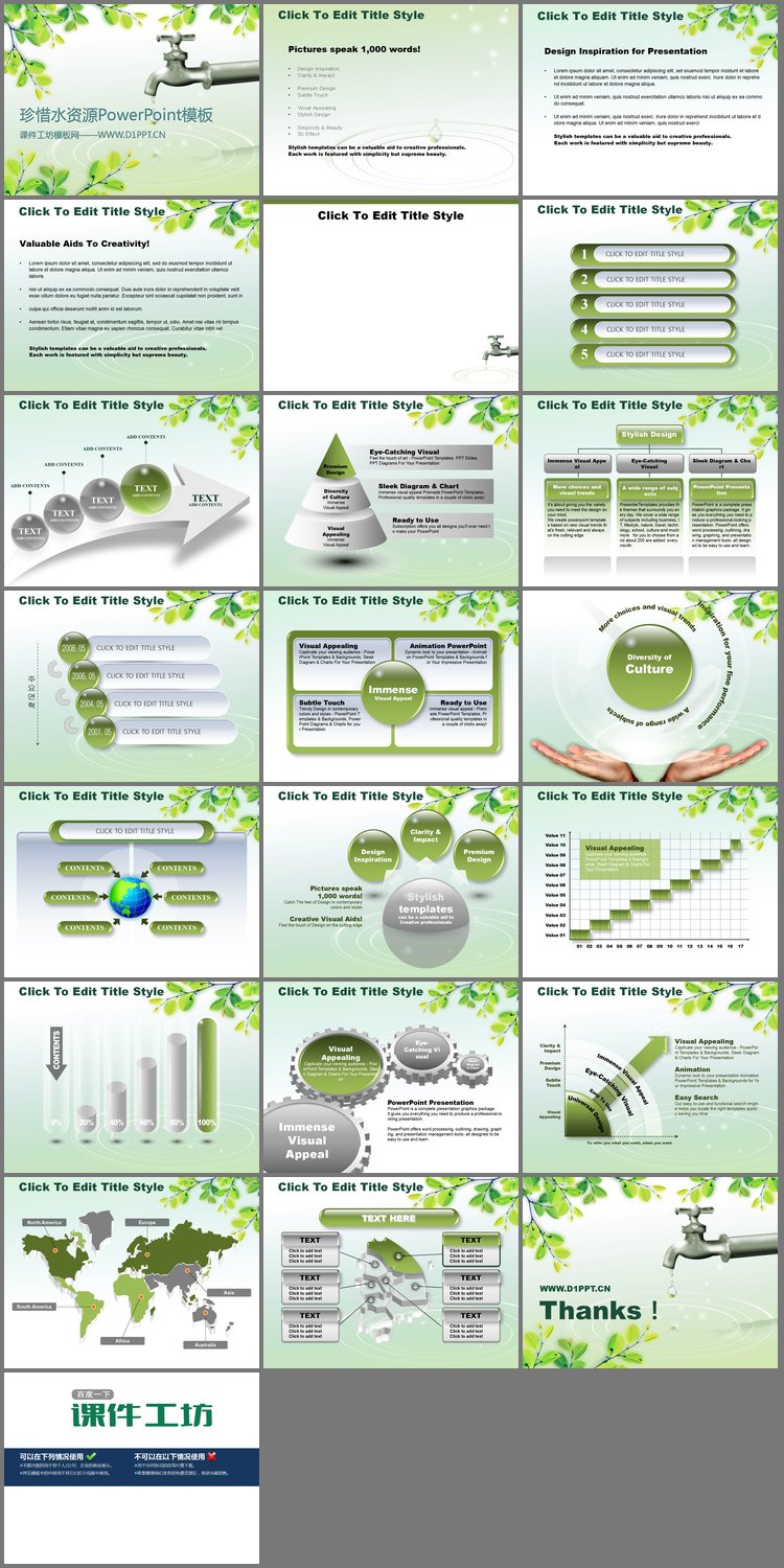 PPT模板-珍惜水资源绿色环保PowerPoint模板下载