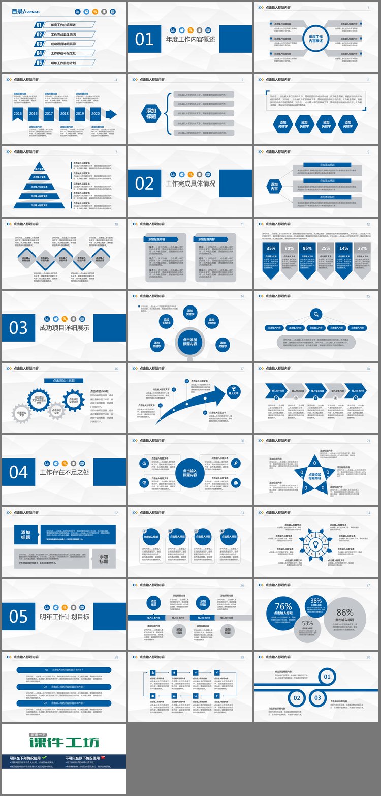 PPT模板-26张扁平化蓝色工作汇报PPT图表