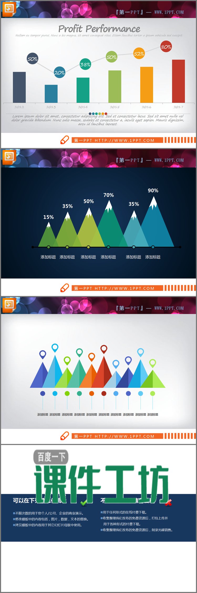 PPT模板-三角小山样式的PPT柱状图