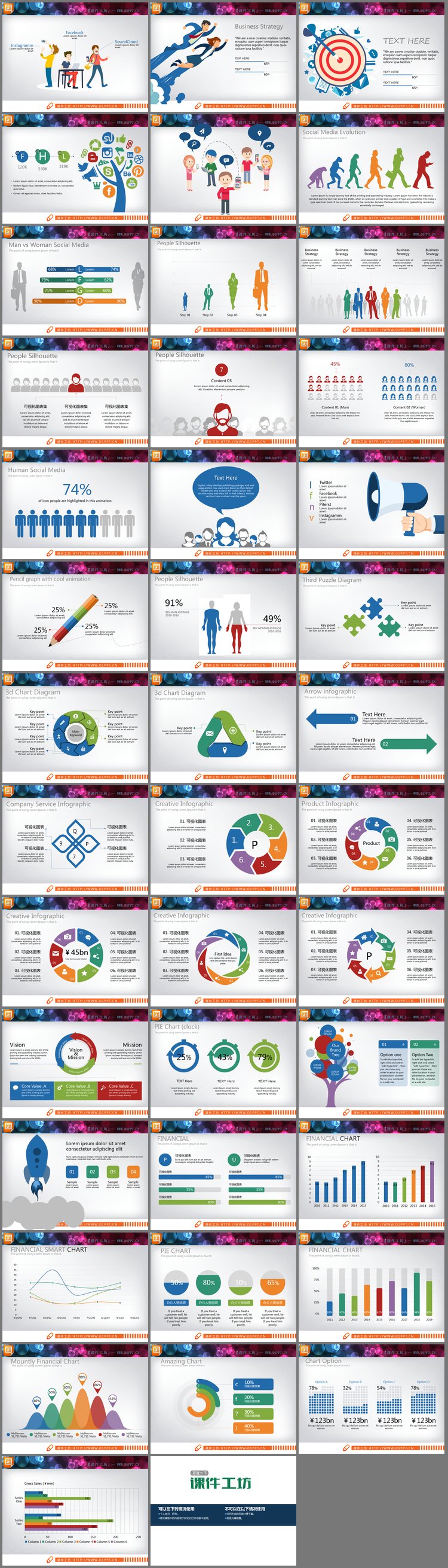 PPT模板-40页彩色扁平化人物PPT图表