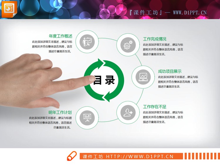 绿色扁平化动态手势点缀的工作总结PPT图表